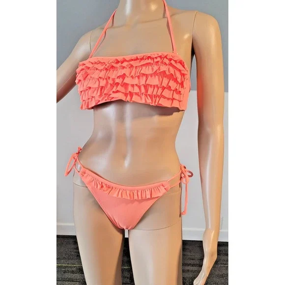 Woman Medium Orange Ruffle Bikini Set Top/ Low Rise Bottom Removable Straps - Picture 3 of 12